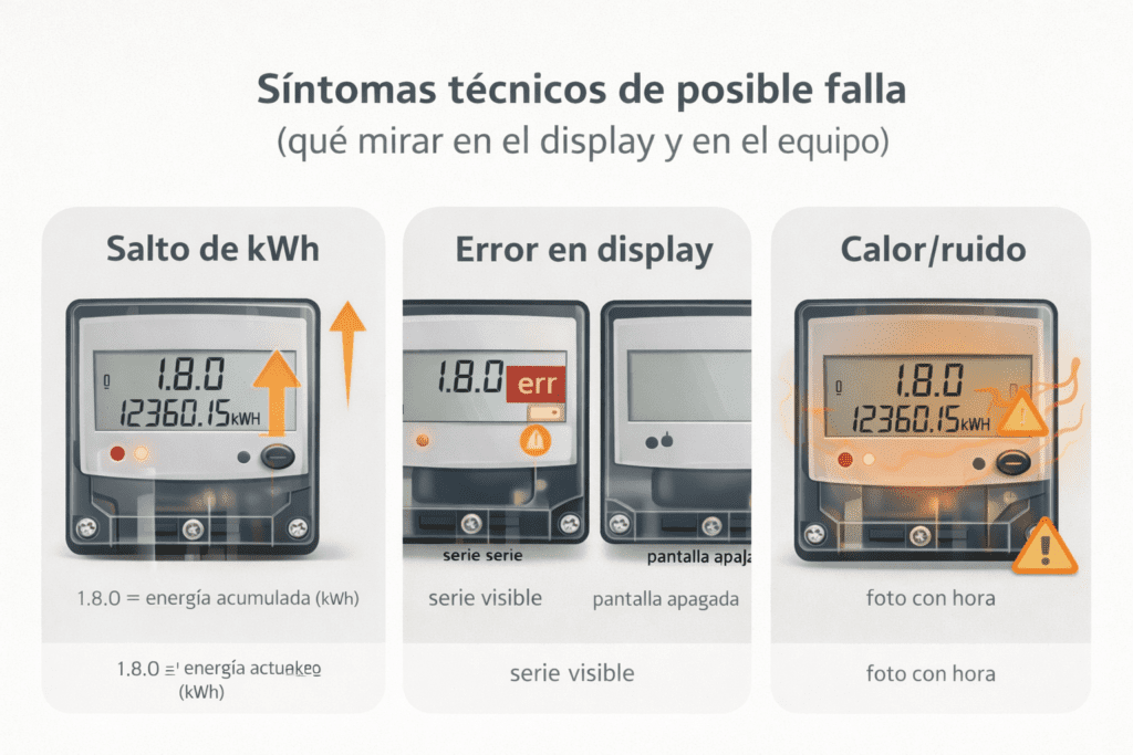 Infografía horizontal con tres paneles de síntomas de falla en el medidor: salto anómalo de kWh (1.8.0), pantalla con “err”/apagada, y señales físicas (calor/olor/ruido), más recordatorio de fotografiar serie y sellos.