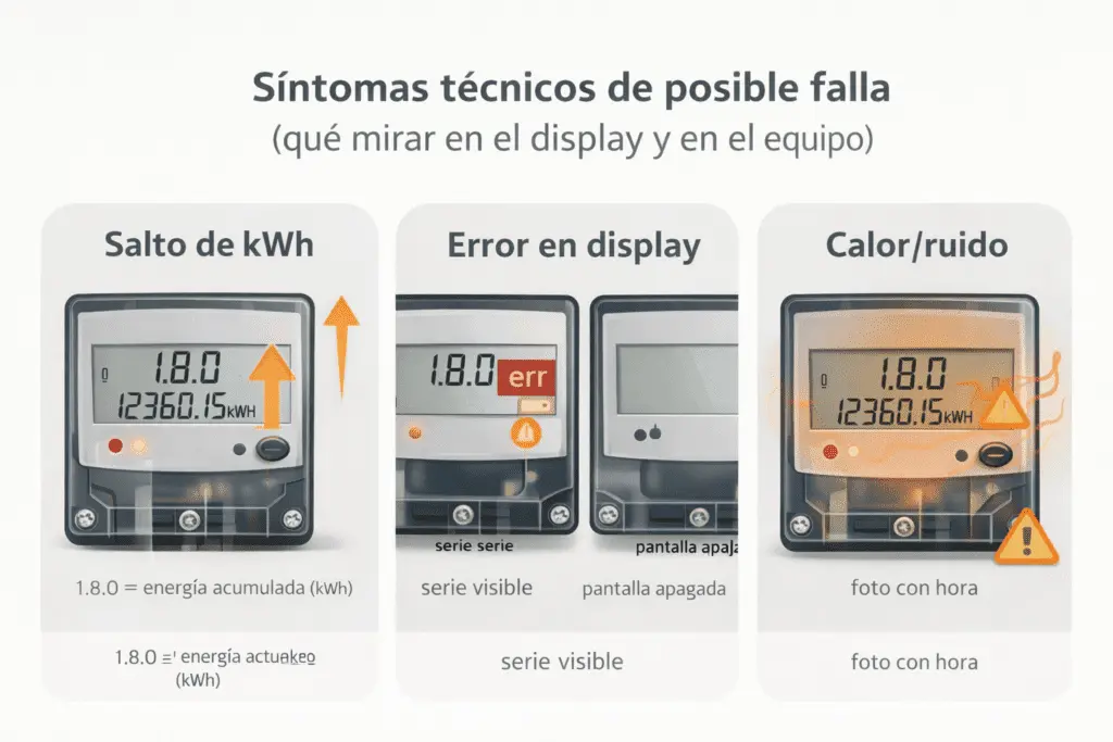 Infografía horizontal con tres paneles de síntomas de falla en el medidor: salto anómalo de kWh (1.8.0), pantalla con “err”/apagada, y señales físicas (calor/olor/ruido), más recordatorio de fotografiar serie y sellos.