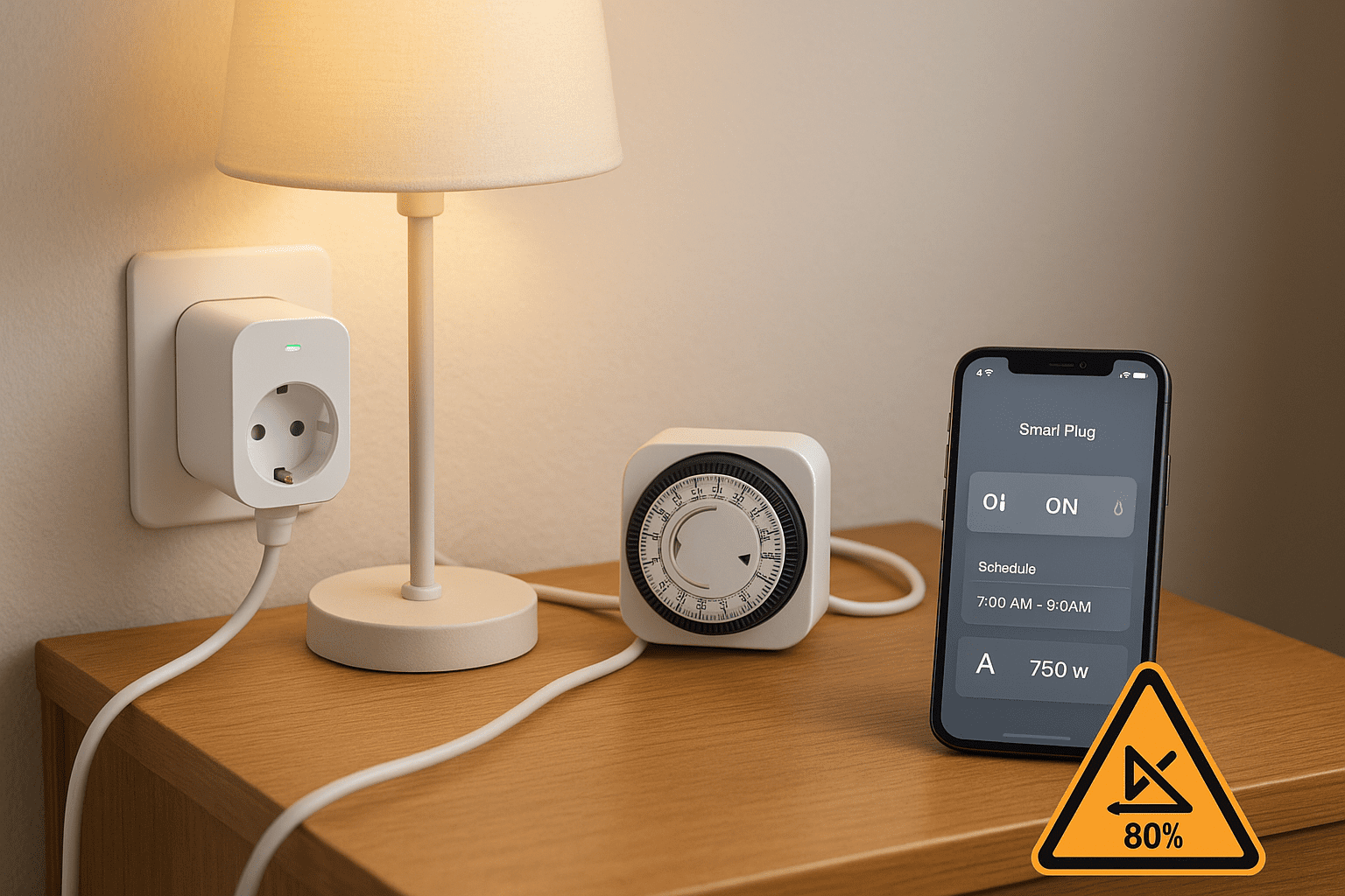 Smart plug y temporizador mecánico sobre una mesilla con lámpara; móvil mostrando la app del enchufe y un icono de advertencia 80%.