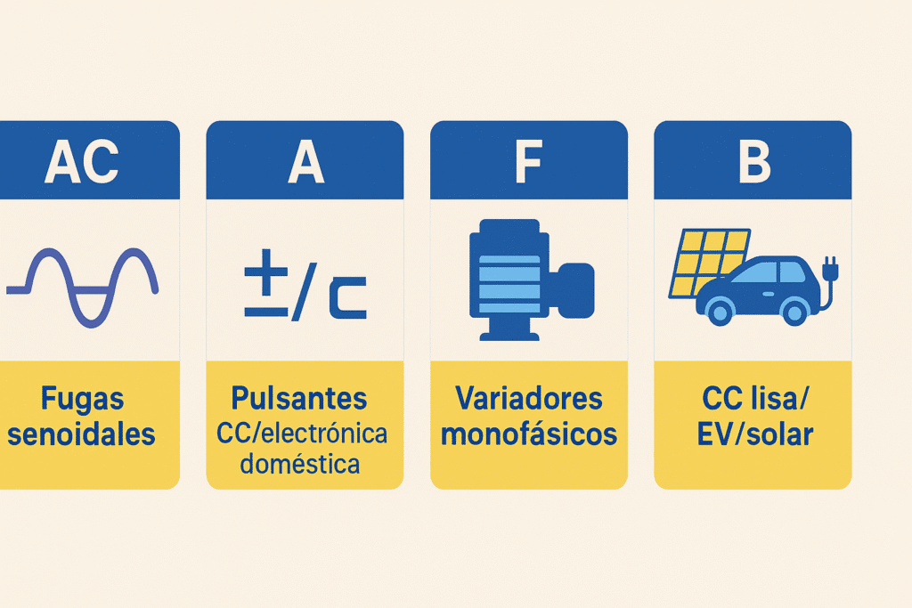Infografía con cuatro tarjetas que resumen los diferenciales tipo AC, A, F y B y su uso básico.