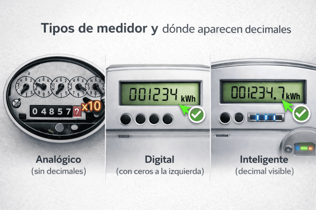 Comparativa horizontal de tres medidores (analógico de diales, digital y medidor inteligente) señalando dónde aparecen decimales, ceros a la izquierda y pantallas por periodo.