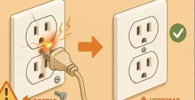 Ilustración horizontal que compara un enchufe con placa agrietada y chisporroteo frente a un enchufe reparado; flecha indica pasar de “cortar energía” a “verificar”.
