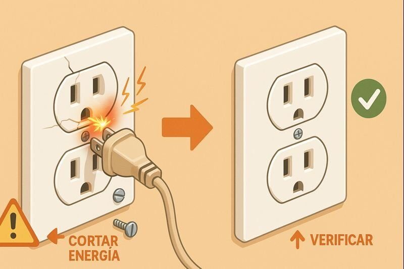 Ilustración horizontal que compara un enchufe con placa agrietada y chisporroteo frente a un enchufe reparado; flecha indica pasar de “cortar energía” a “verificar”.