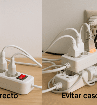 Regleta con cable bien ventilada frente a adaptador triple encadenado, con aviso de sobrecarga y calentamiento.