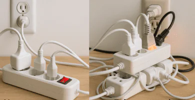 Regleta con cable bien ventilada frente a adaptador triple encadenado, con aviso de sobrecarga y calentamiento.