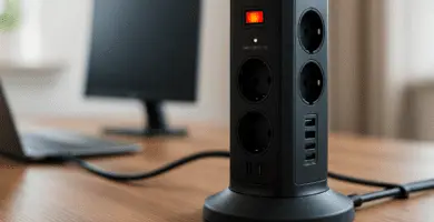Torre de enchufes vertical negra sobre escritorio de madera, con interruptor iluminado y puertos USB; al fondo, monitor y portátil desenfocados.