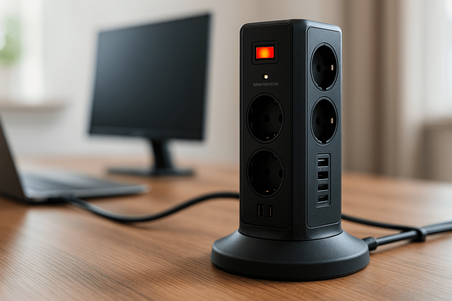 Torre de enchufes vertical negra sobre escritorio de madera, con interruptor iluminado y puertos USB; al fondo, monitor y portátil desenfocados.