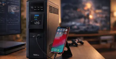UPS 1500VA en escritorio con pantalla LCD a 120 V y smartphone cargando por USB-C; ideal para PC, TV, consola y router.