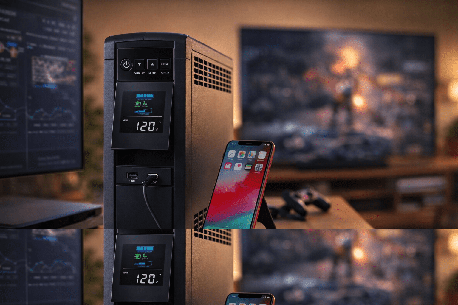 UPS 1500VA en escritorio con pantalla LCD a 120 V y smartphone cargando por USB-C; ideal para PC, TV, consola y router.