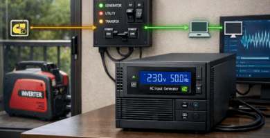 UPS conectado a PDU y router, con generador inverter y ATS; medidor a 50 Hz. Configuración de respaldo doméstica ordenada.