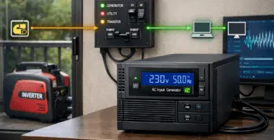UPS conectado a PDU y router, con generador inverter y ATS; medidor a 50 Hz. Configuración de respaldo doméstica ordenada.