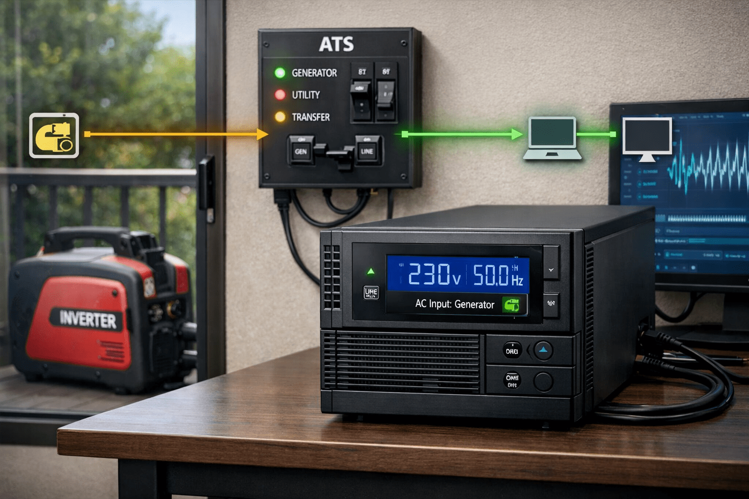 UPS conectado a PDU y router, con generador inverter y ATS; medidor a 50 Hz. Configuración de respaldo doméstica ordenada.