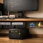 Home office con UPS encendido junto a regleta etiquetada “Respaldo + Protección” y “Solo Protección”, router y ONT; enfoque en protección contra picos y filtrado EMI/RFI.