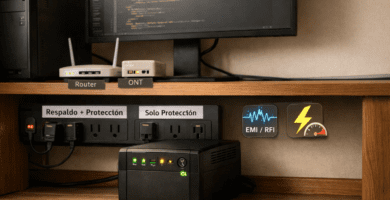 Home office con UPS encendido junto a regleta etiquetada “Respaldo + Protección” y “Solo Protección”, router y ONT; enfoque en protección contra picos y filtrado EMI/RFI.