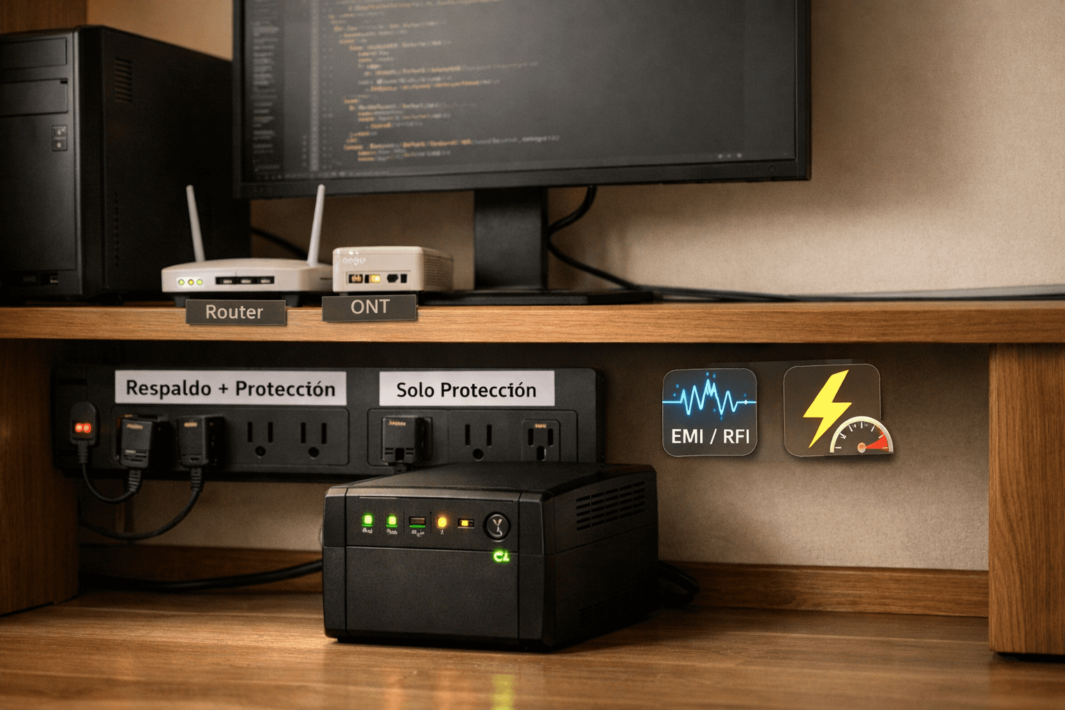 Home office con UPS encendido junto a regleta etiquetada “Respaldo + Protección” y “Solo Protección”, router y ONT; enfoque en protección contra picos y filtrado EMI/RFI.