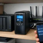 UPS doméstico junto a NAS y router en escritorio; display LCD activo, concepto de tiempo de gracia para apagado seguro.