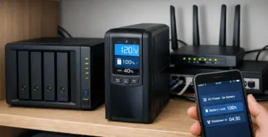 UPS doméstico junto a NAS y router en escritorio; display LCD activo, concepto de tiempo de gracia para apagado seguro.