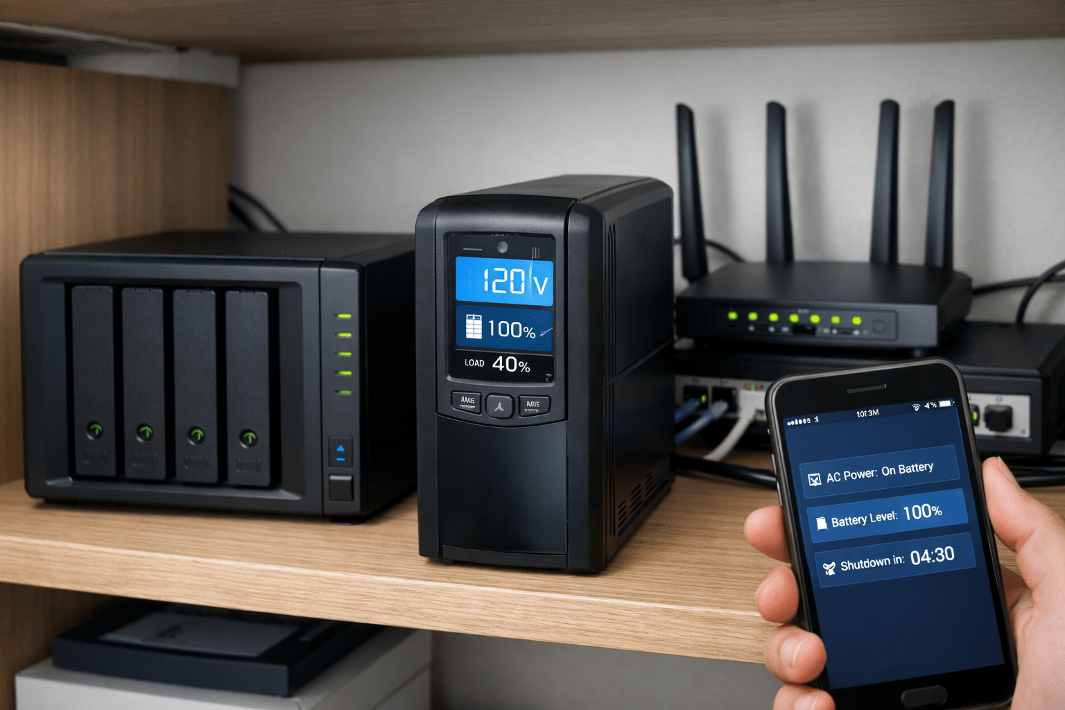 UPS doméstico junto a NAS y router en escritorio; display LCD activo, concepto de tiempo de gracia para apagado seguro.