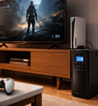 UPS junto a TV de 55" y consola (PS5/Xbox) con router encendido; escena realista de sala para ilustrar minutos de autonomía y apagado seguro.