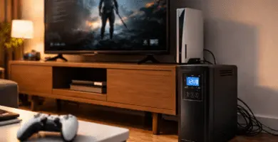 UPS junto a TV de 55" y consola (PS5/Xbox) con router encendido; escena realista de sala para ilustrar minutos de autonomía y apagado seguro.