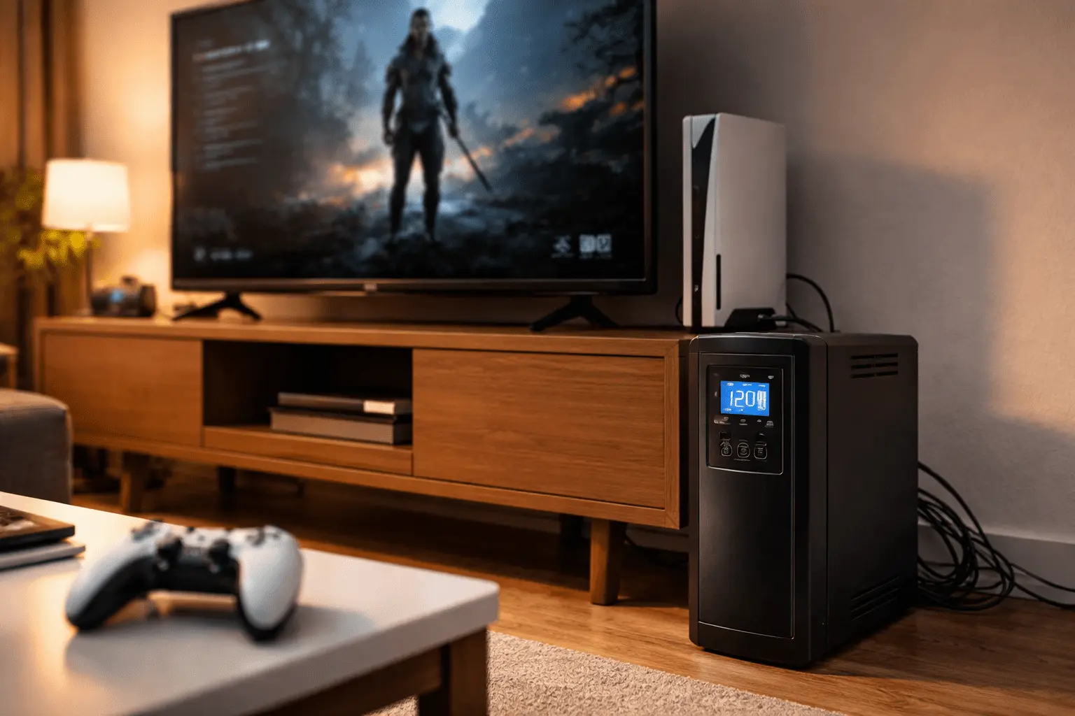 UPS junto a TV de 55" y consola (PS5/Xbox) con router encendido; escena realista de sala para ilustrar minutos de autonomía y apagado seguro.