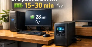 Home office moderno con PC, monitor y router protegidos por un UPS tipo torre; idea central: dimensionar UPS para 15–30 minutos.