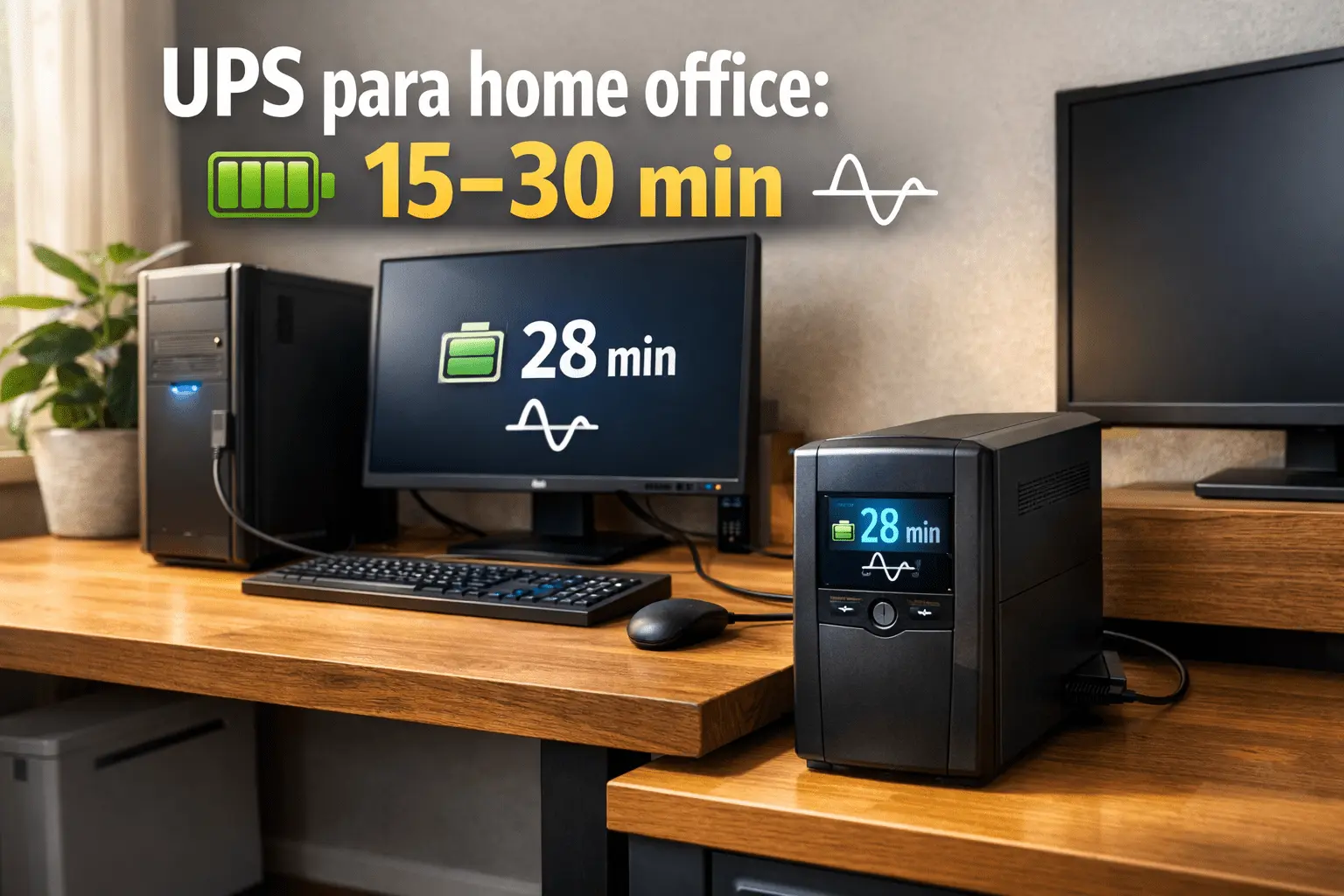 Home office moderno con PC, monitor y router protegidos por un UPS tipo torre; idea central: dimensionar UPS para 15–30 minutos.