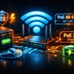 UPS para router con PoE: comparación PoE 48–57V (af/at) vs PoE 24V, con router, RJ45 y batería de respaldo.