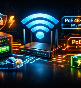 UPS para router con PoE: comparación PoE 48–57V (af/at) vs PoE 24V, con router, RJ45 y batería de respaldo.