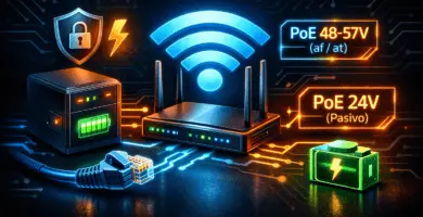 UPS para router con PoE: comparación PoE 48–57V (af/at) vs PoE 24V, con router, RJ45 y batería de respaldo.
