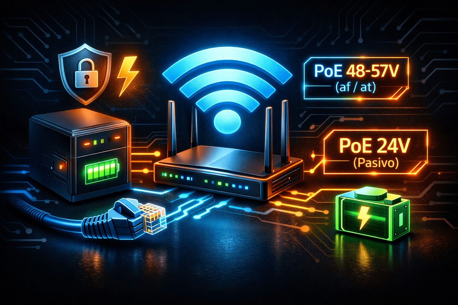 UPS para router con PoE: comparación PoE 48–57V (af/at) vs PoE 24V, con router, RJ45 y batería de respaldo.