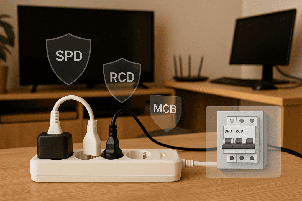 Regleta con supresión básica alimentando TV, router y ordenador; iconos de escudo con SPD, RCD y MCB y recuadro del tablero eléctrico.