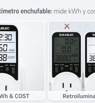 Collage horizontal del vatímetro Suraielec enchufable mostrando pantalla LCD con retroiluminación, lecturas de kWh y costo, y comparativa sin luz; apto hasta 16 A / 3680 W.