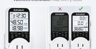 Collage horizontal del vatímetro Suraielec enchufable mostrando pantalla LCD con retroiluminación, lecturas de kWh y costo, y comparativa sin luz; apto hasta 16 A / 3680 W.