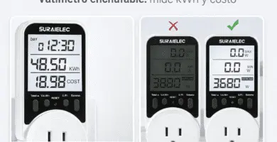 Collage horizontal del vatímetro Suraielec enchufable mostrando pantalla LCD con retroiluminación, lecturas de kWh y costo, y comparativa sin luz; apto hasta 16 A / 3680 W.
