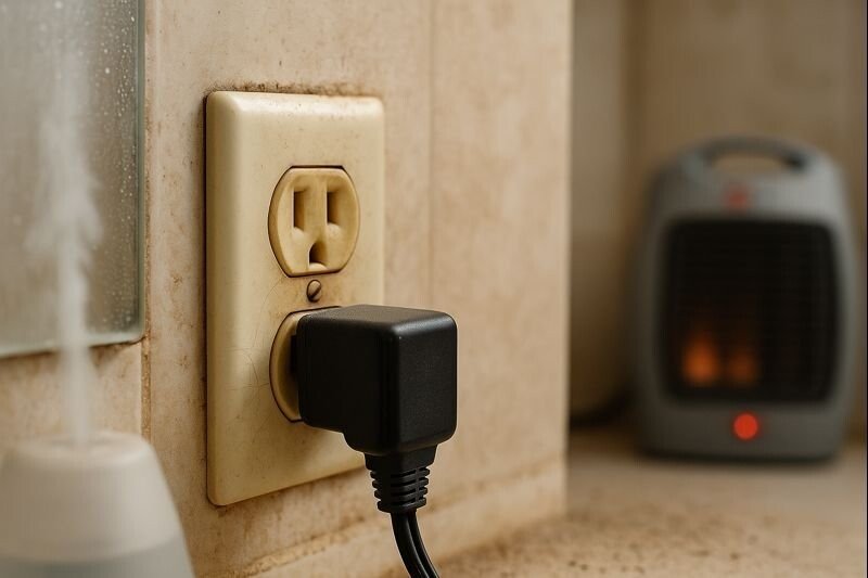 Enchufe antiguo en pared con humedad y suciedad, con adaptador voluminoso conectado; calefactor desenfocado al fondo.