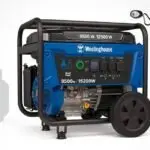 Generador portátil Westinghouse WGen9500DF azul con ruedas, panel frontal con tomas 120/240 V y mando de arranque remoto.