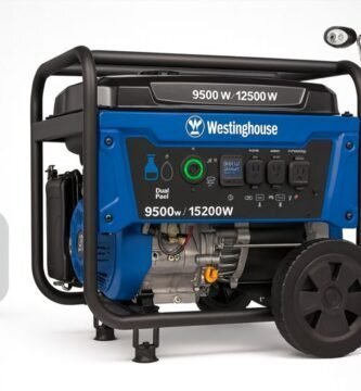 Generador portátil Westinghouse WGen9500DF azul con ruedas, panel frontal con tomas 120/240 V y mando de arranque remoto.