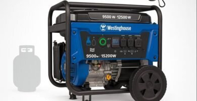 Generador portátil Westinghouse WGen9500DF azul con ruedas, panel frontal con tomas 120/240 V y mando de arranque remoto.
