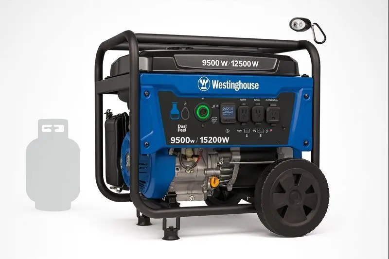 Generador portátil Westinghouse WGen9500DF azul con ruedas, panel frontal con tomas 120/240 V y mando de arranque remoto.