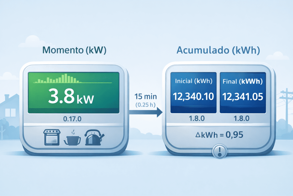 Infografía horizontal que compara kW en el momento (3,8 kW en pantalla 0.17.0) con kWh acumulado (pantalla 1.8.0: de 12.340,10 a 12.341,05 kWh) tras 15 min, mostrando ΔkWh = 0,95.