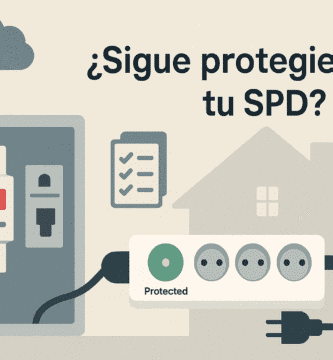 Portada con ilustración de tablero residencial con SPD en riel DIN y regleta con LED “Protected”, mostrando cómo comprobar si el protector sigue activo.