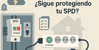 Portada con ilustración de tablero residencial con SPD en riel DIN y regleta con LED “Protected”, mostrando cómo comprobar si el protector sigue activo.