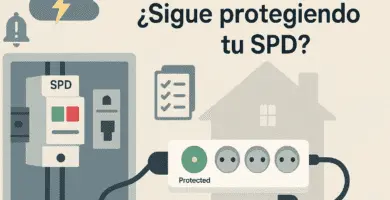 Portada con ilustración de tablero residencial con SPD en riel DIN y regleta con LED “Protected”, mostrando cómo comprobar si el protector sigue activo.
