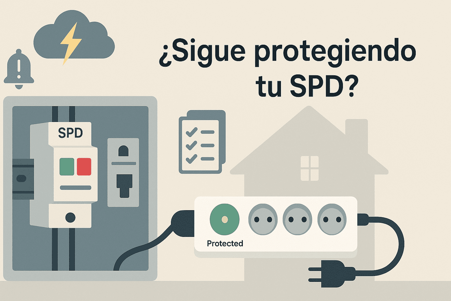 Portada con ilustración de tablero residencial con SPD en riel DIN y regleta con LED “Protected”, mostrando cómo comprobar si el protector sigue activo.