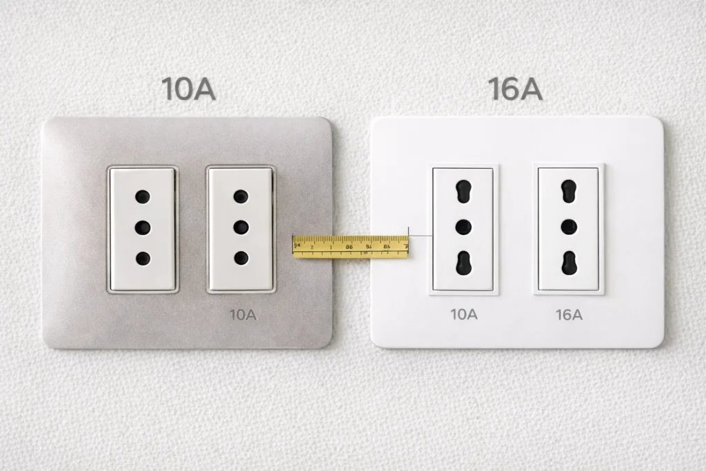 Comparativa de enchufes chilenos tipo L 10A vs 16A, con cinta métrica destacando la diferencia de separación de pines.