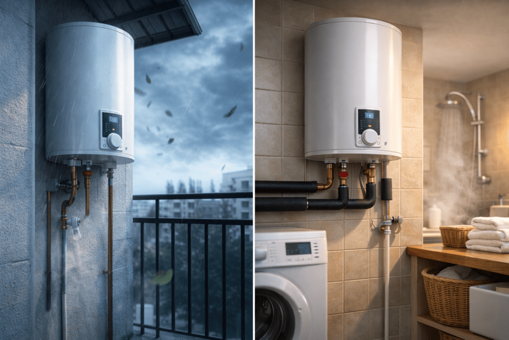 Comparativa lado a lado de termo eléctrico en interior con tuberías aisladas versus termo en exterior expuesto y sin aislación, ilustrando pérdidas de 24 h.