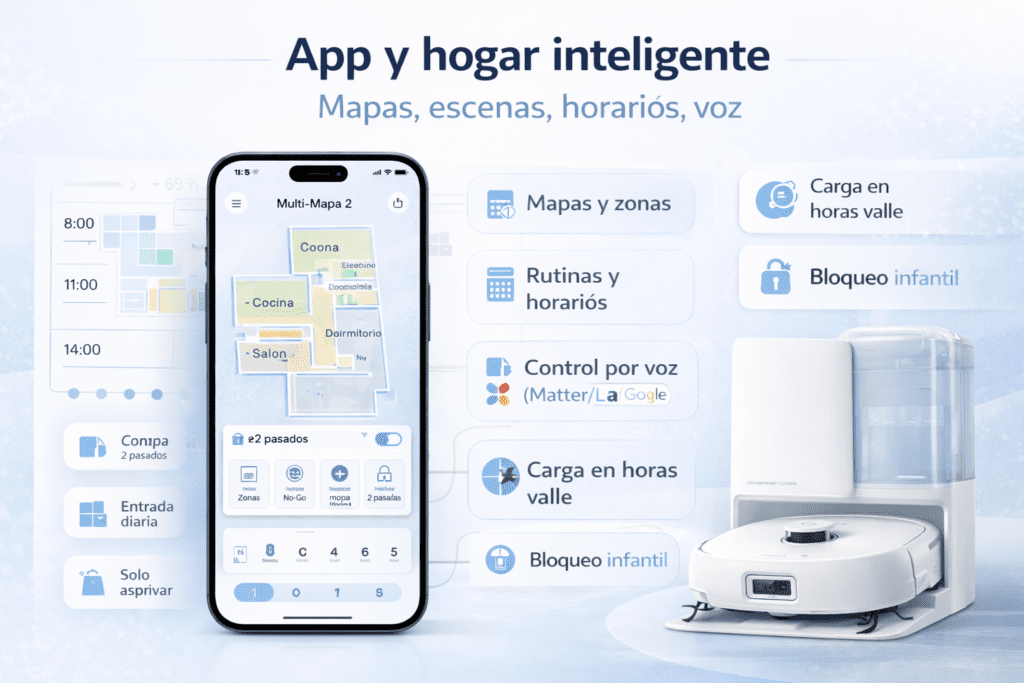 App del Eufy Omni E25 con mapas, zonas, multi-mapa y control por Alexa, Google y Matter.