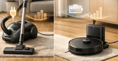 Aspiradora tradicional frente a robot aspirador en un hogar moderno; comparación de consumo semanal (kWh), minutos de uso y watts.