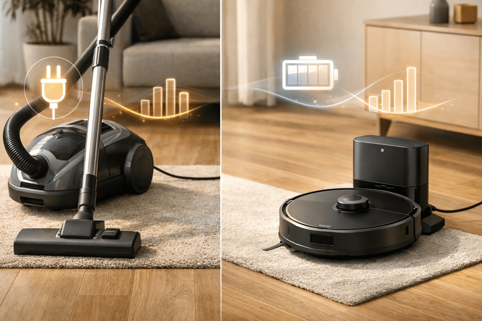 Aspiradora tradicional frente a robot aspirador en un hogar moderno; comparación de consumo semanal (kWh), minutos de uso y watts.